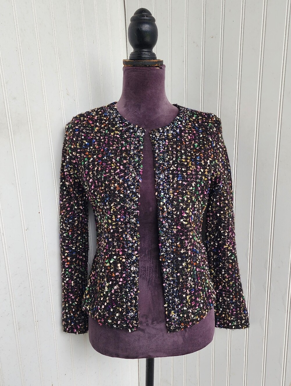 S-Twelve Open Front Tweed Blazer Cardigan Black Jacket Soft Wool Blend Sz S
